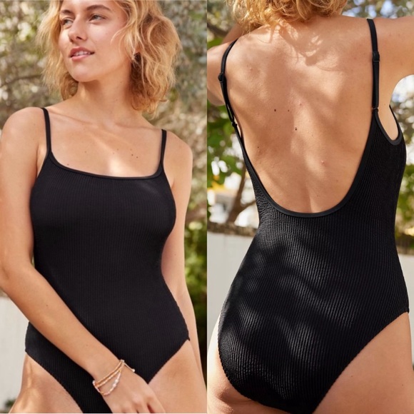 aerie Other - Aerie Crinkle Scoop Full Coverage One Piece Black Bathing Suit Size XL